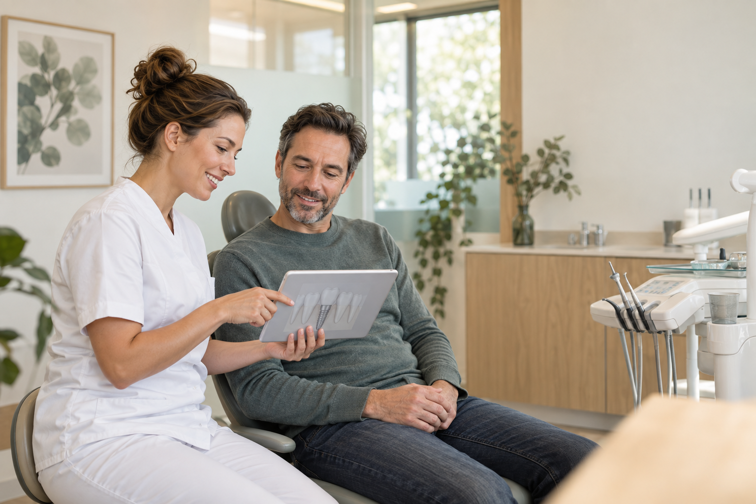 Zahnärztin erklärt einem Patienten die Behandlung an einem Tablet